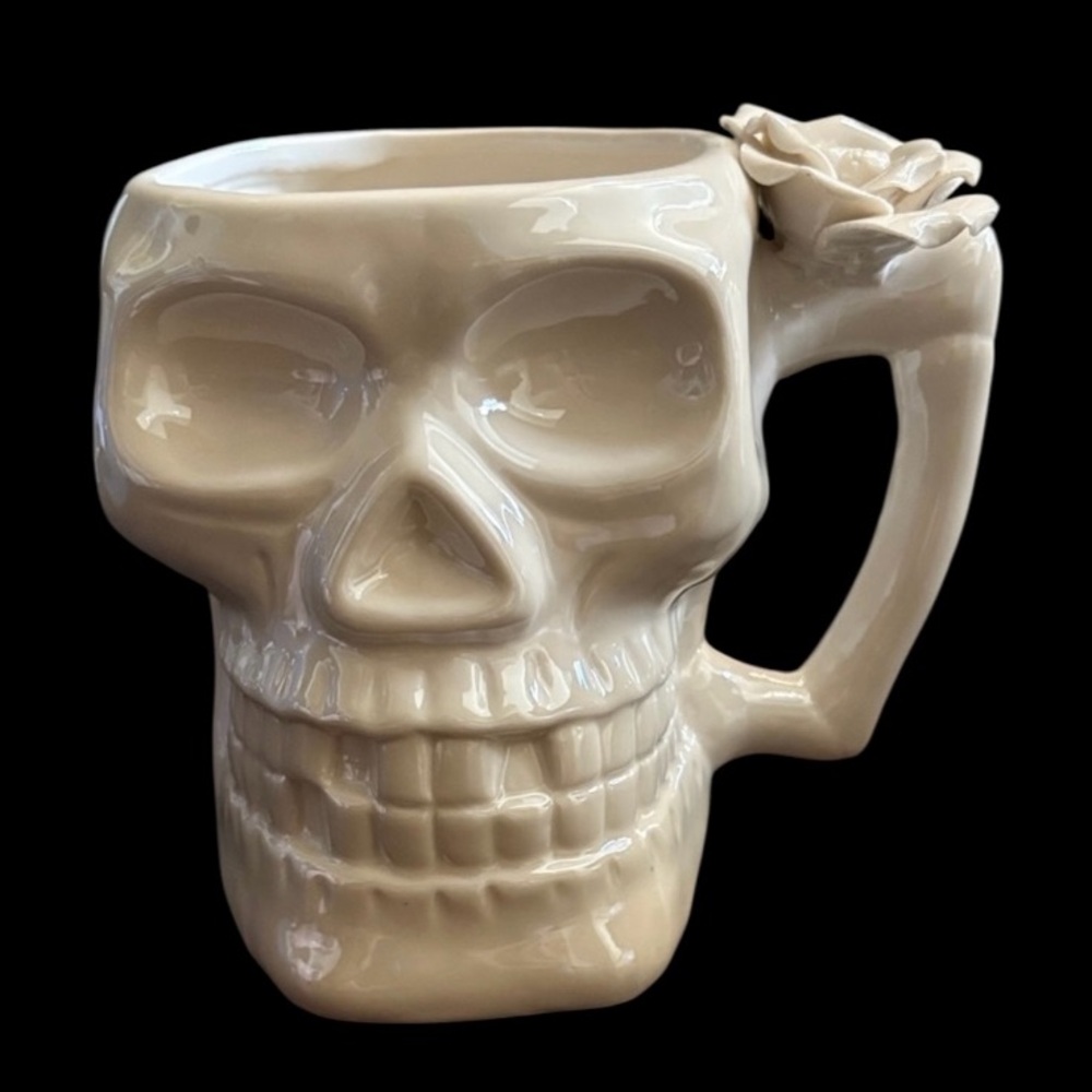 Pearlescent White Skull with Skull Flower Goth, Halloween Mug